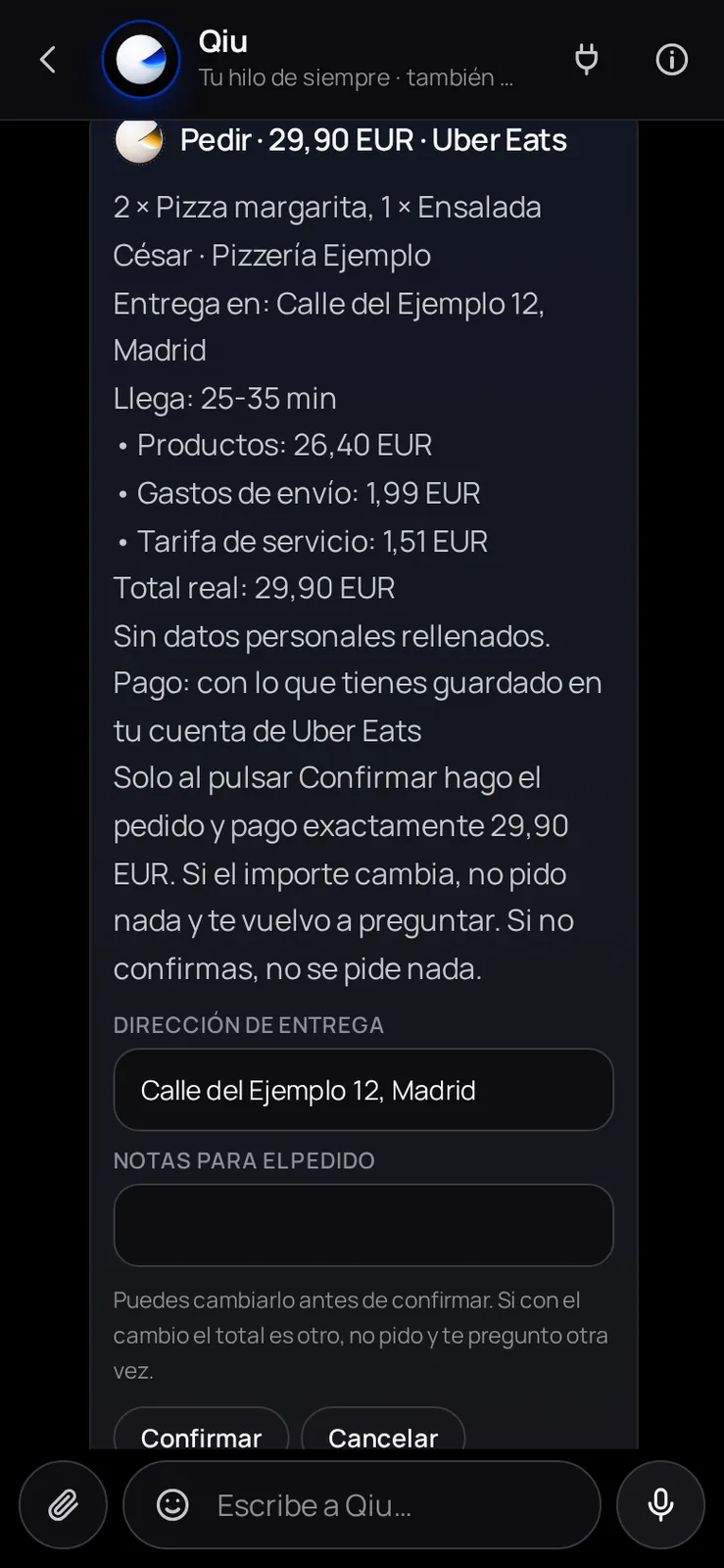 Captura en el móvil: La cena de siempre, con el total real