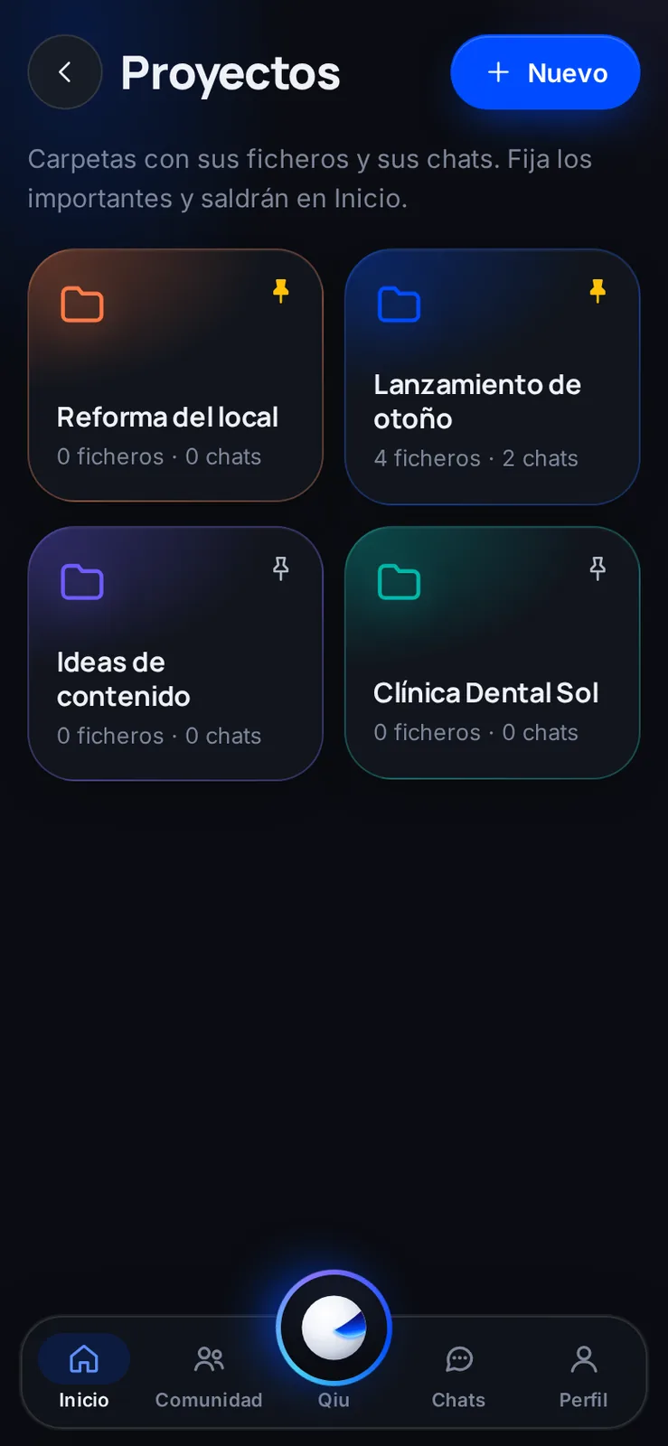 Captura en el móvil: Proyectos: carpetas con ficheros y chats