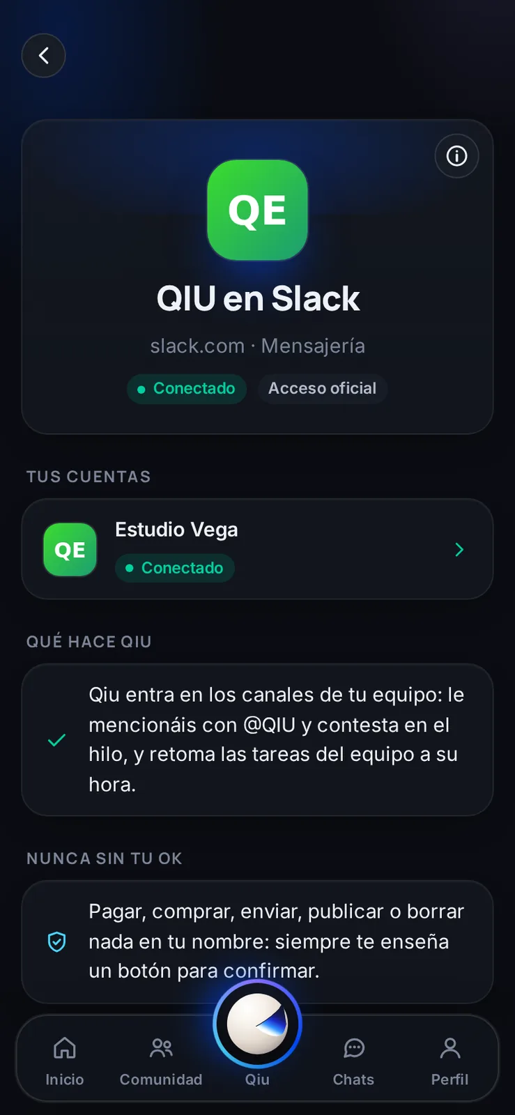 Captura en el móvil: Qiu en el Slack de tu equipo
