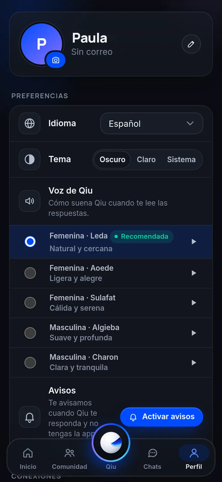 Captura en el móvil: Elige la voz de Qiu
